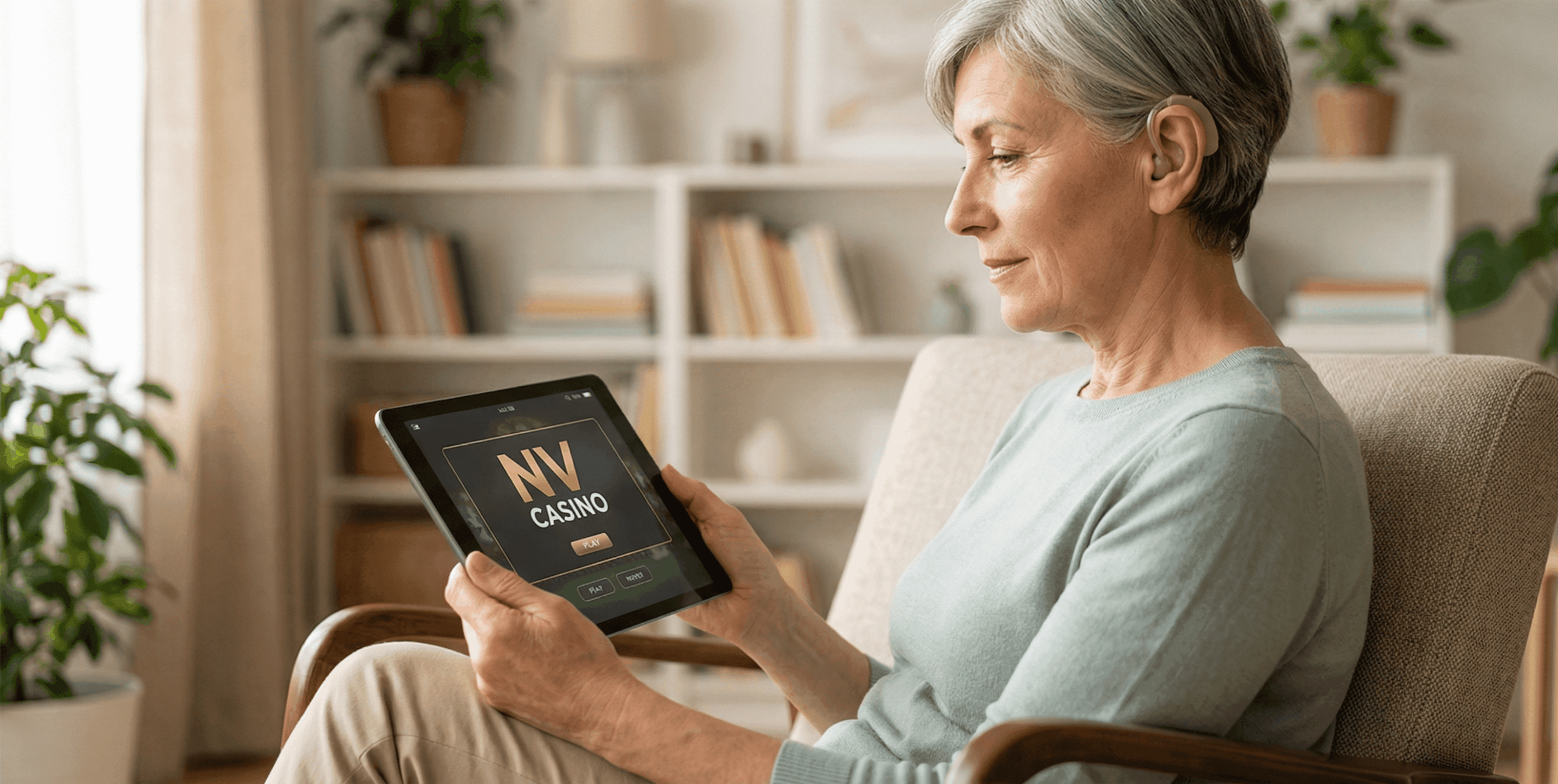 Woman-with-hearing-aid-using-a-tablet-to-play